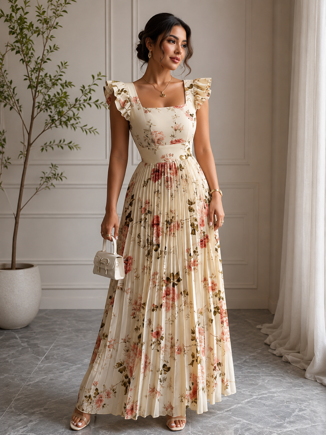Elegant Beige Floral Pleated Midi Dress