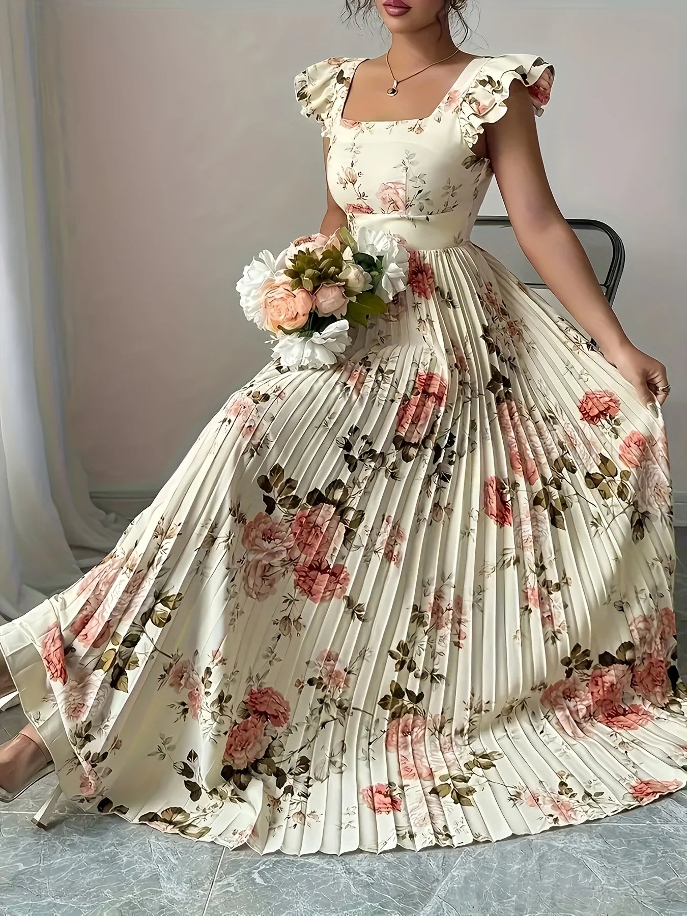Elegant Beige Floral Pleated Midi Dress
