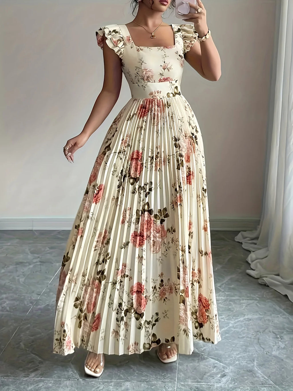 Elegant Beige Floral Pleated Midi Dress