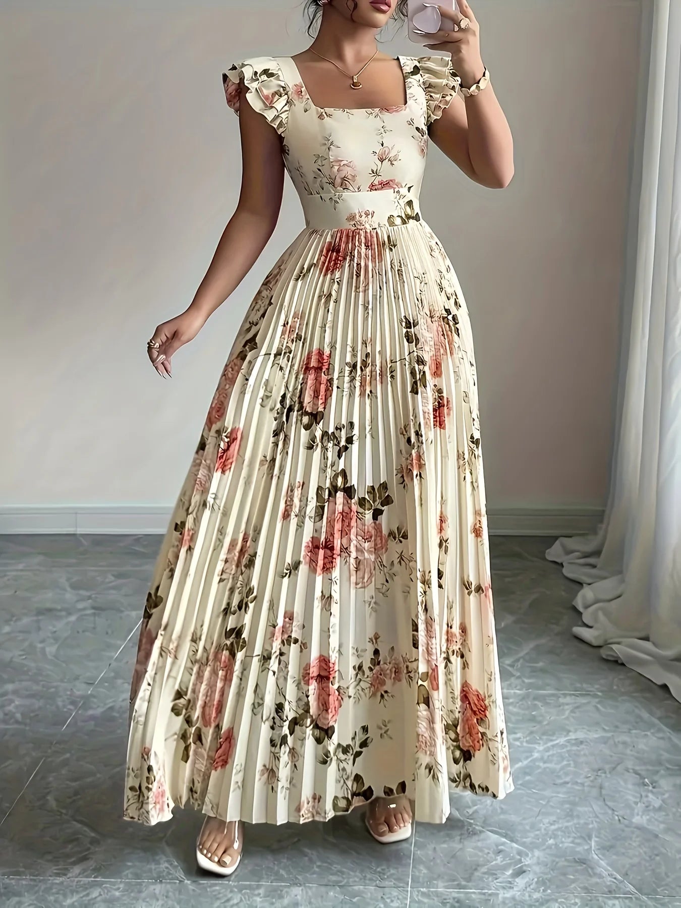 Elegant Beige Floral Pleated Midi Dress