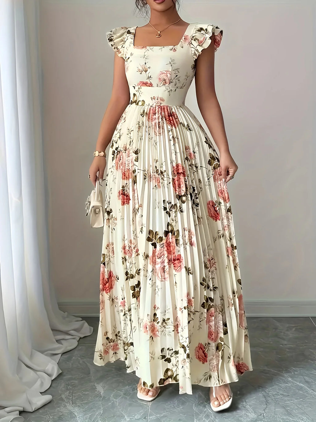 Elegant Beige Floral Pleated Midi Dress