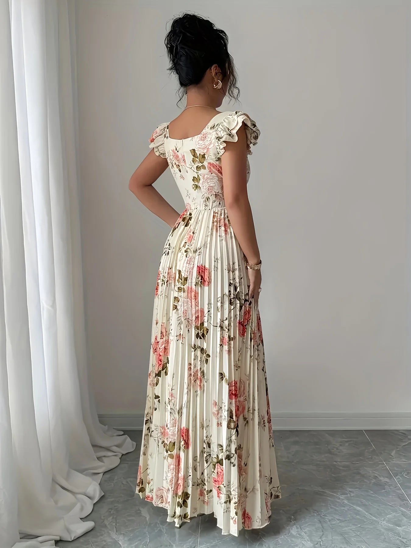 Elegant Beige Floral Pleated Midi Dress