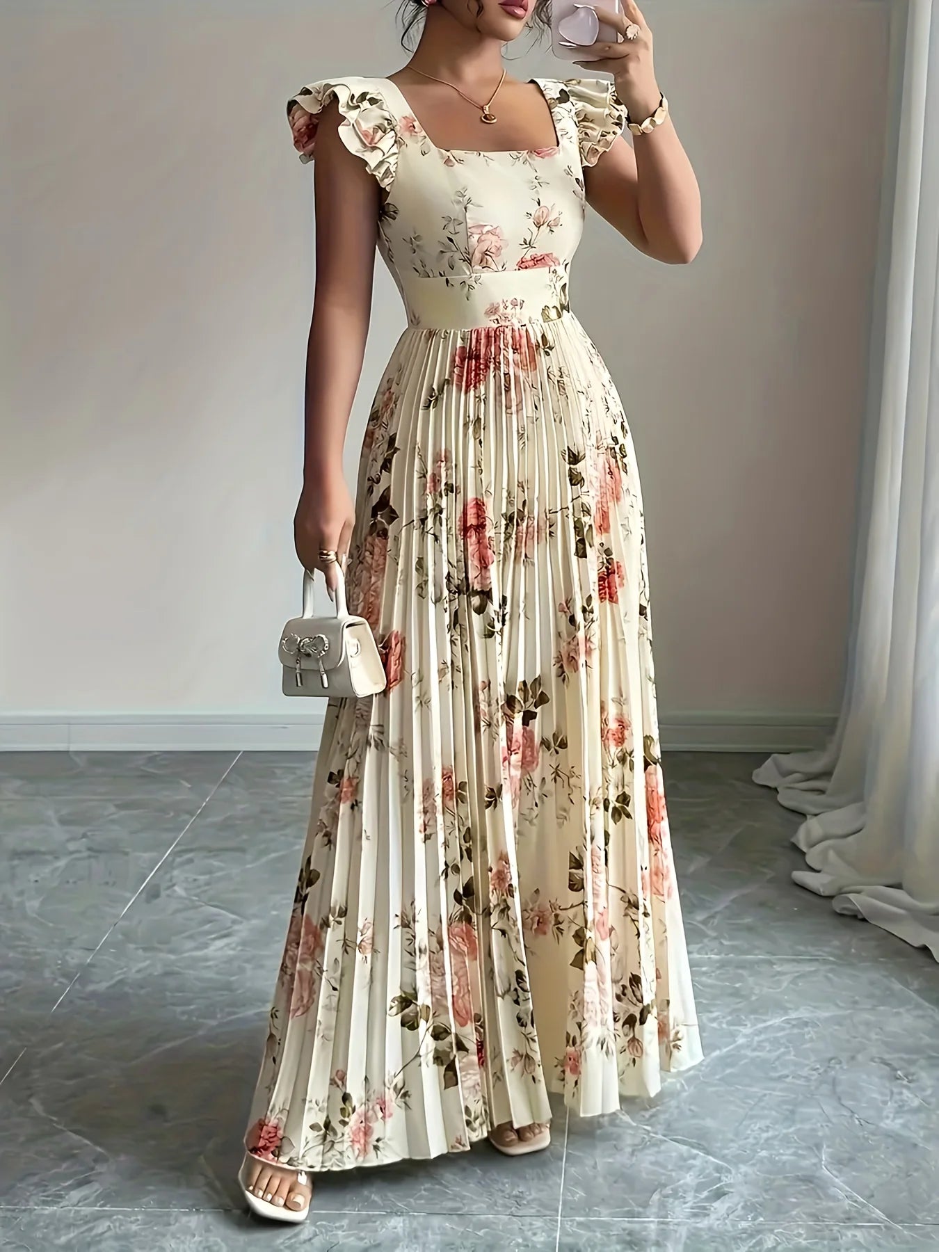 Elegant Beige Floral Pleated Midi Dress